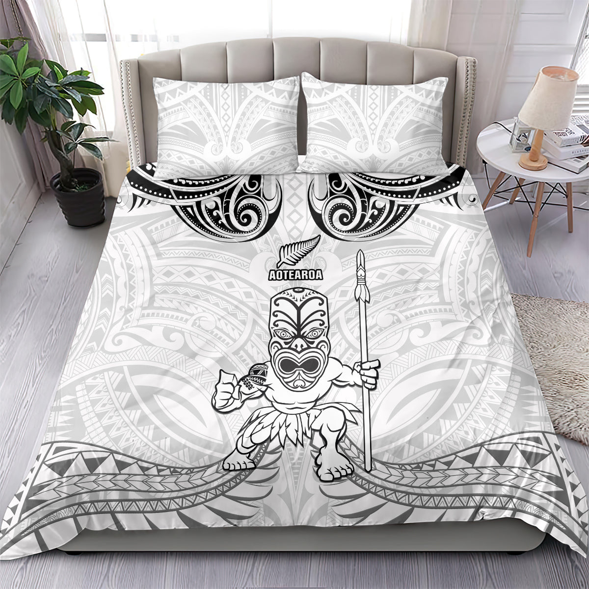 New Zealand Maori Taiaha Bedding Set Tiki Warrior White LT05 - Polynesian Pride