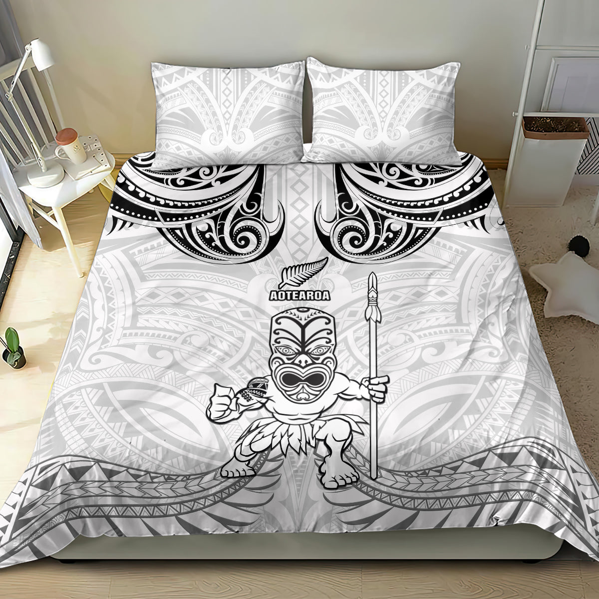 New Zealand Maori Taiaha Bedding Set Tiki Warrior White LT05 - Polynesian Pride