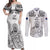 Custom New Zealand Maori Taiaha Couples Matching Off Shoulder Maxi Dress and Long Sleeve Button Shirt Tiki Warrior White LT05 White - Polynesian Pride