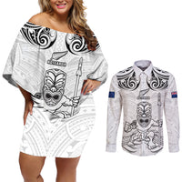 Custom New Zealand Maori Taiaha Couples Matching Off Shoulder Short Dress and Long Sleeve Button Shirt Tiki Warrior White LT05 White - Polynesian Pride
