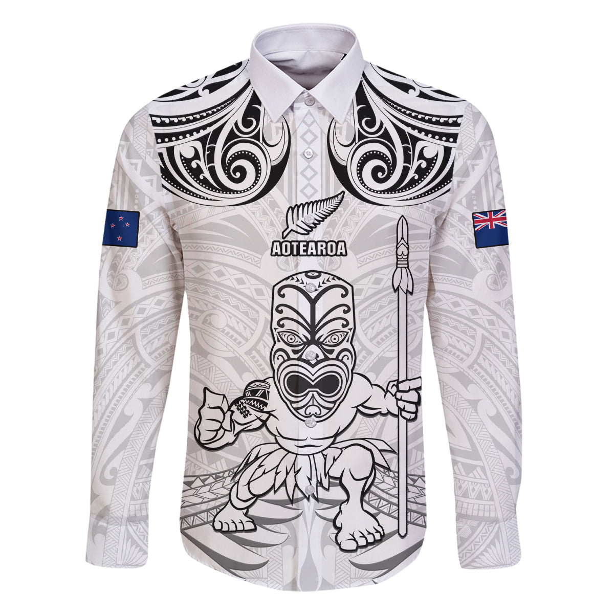 Custom New Zealand Maori Taiaha Family Matching Summer Maxi Dress and Hawaiian Shirt Tiki Warrior White LT05 Dad's Shirt - Long Sleeve White - Polynesian Pride