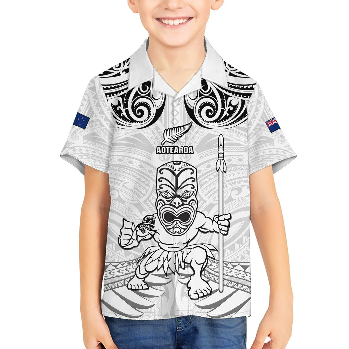 Custom New Zealand Maori Taiaha Hawaiian Shirt Tiki Warrior White LT05 - Polynesian Pride