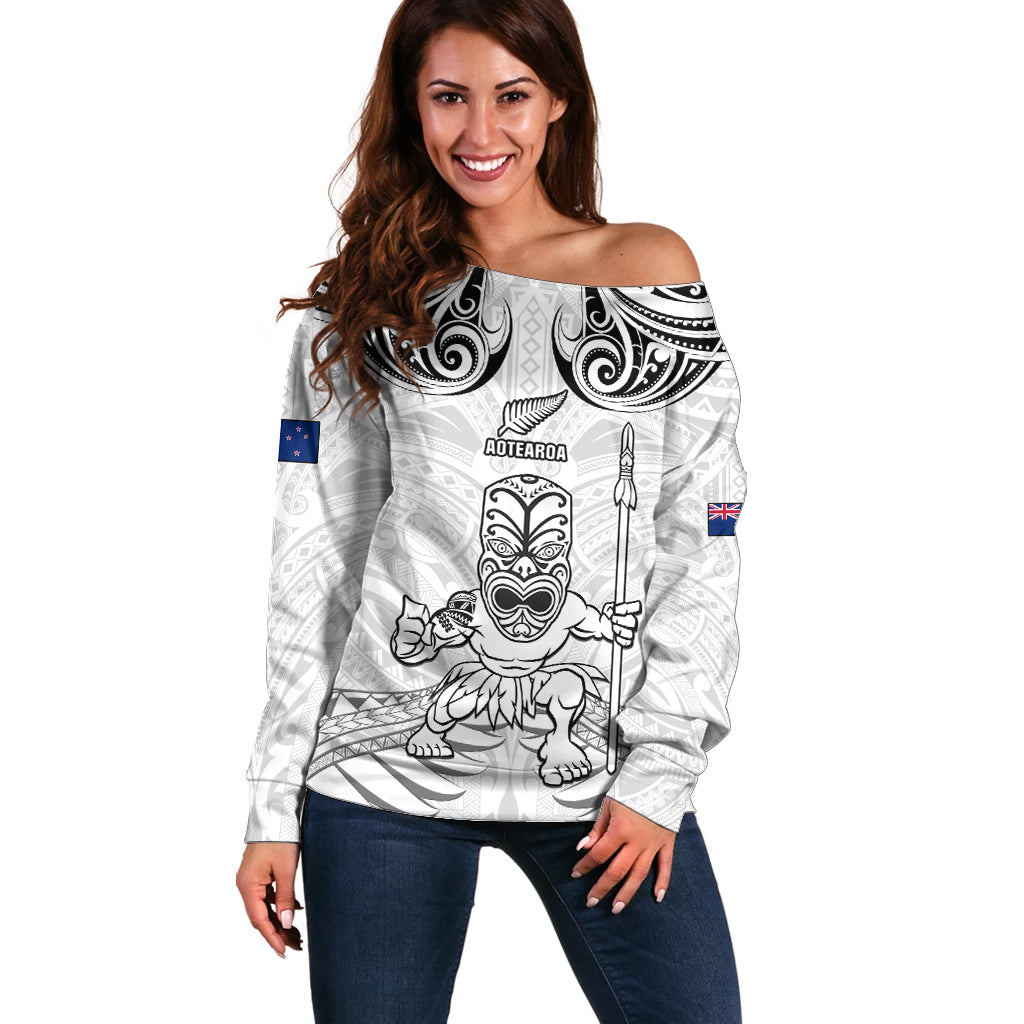 Custom New Zealand Maori Taiaha Off Shoulder Sweater Tiki Warrior White LT05 Women White - Polynesian Pride