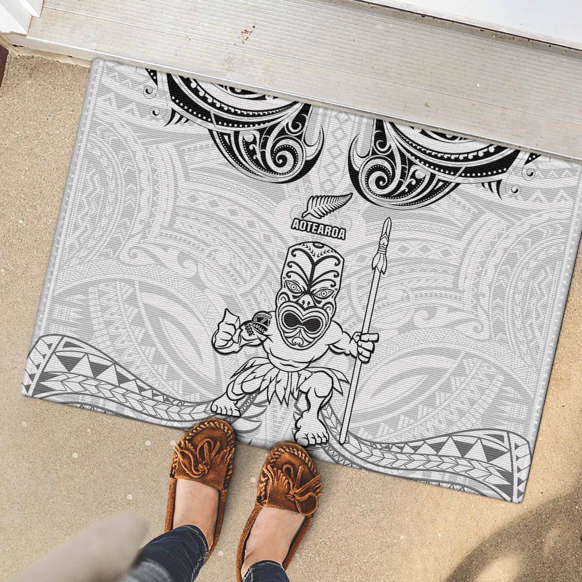 New Zealand Maori Taiaha Rubber Doormat Tiki Warrior White LT05 - Polynesian Pride