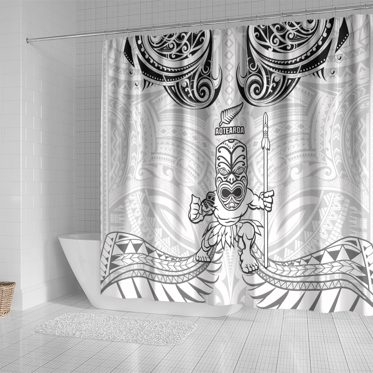 New Zealand Maori Taiaha Shower Curtain Tiki Warrior White LT05 - Polynesian Pride