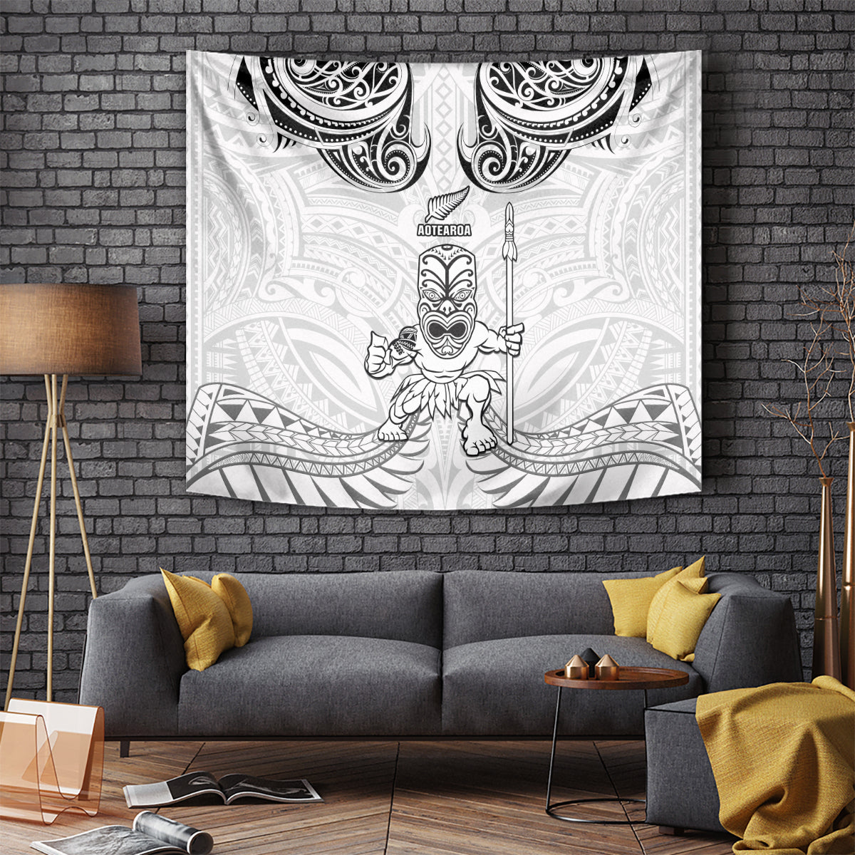New Zealand Maori Taiaha Tapestry Tiki Warrior White LT05 White - Polynesian Pride