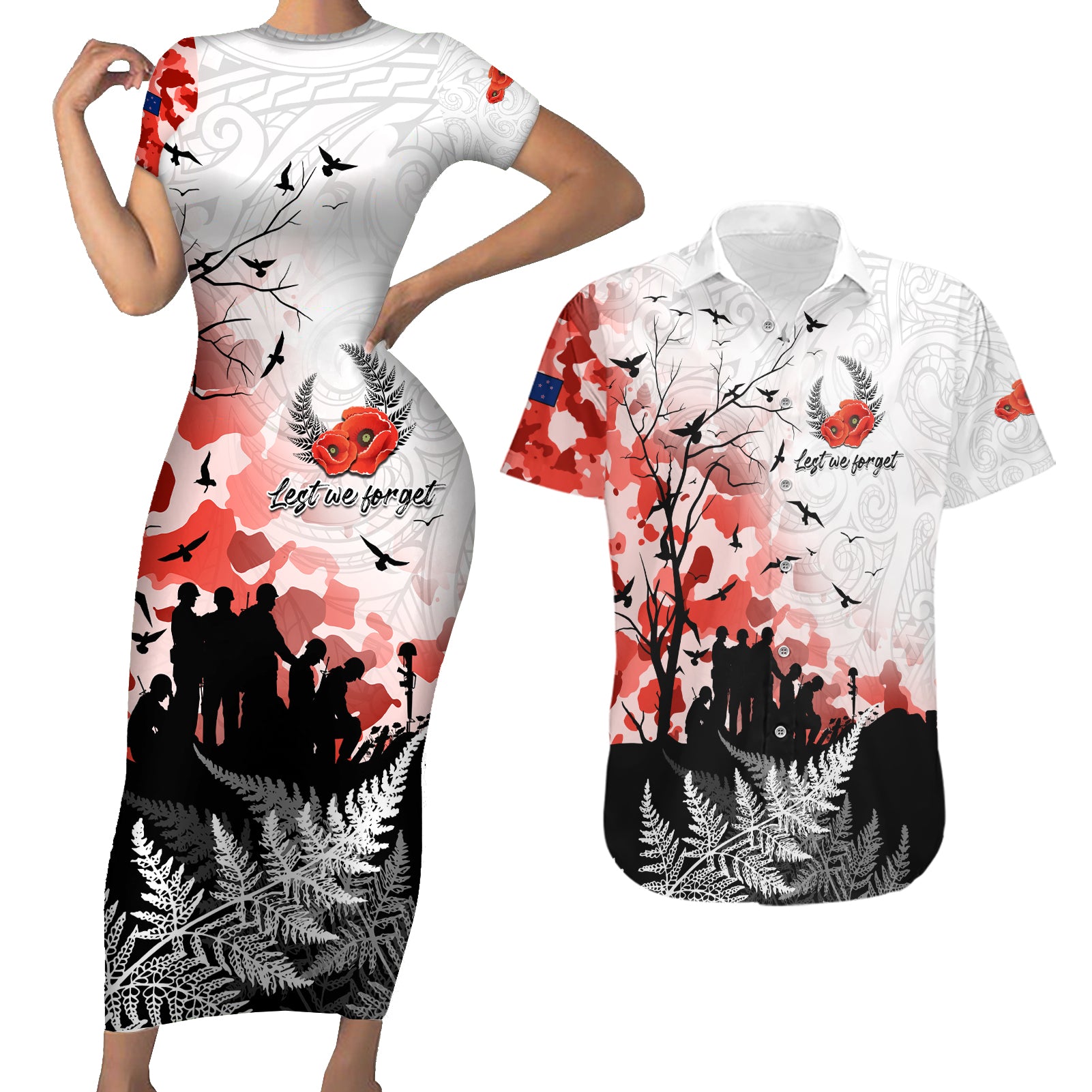 Kei Wareware Tatou New Zealand ANZAC Day Couples Matching Short Sleeve Bodycon Dress and Hawaiian Shirt Lest We Forget LT05 White - Polynesian Pride