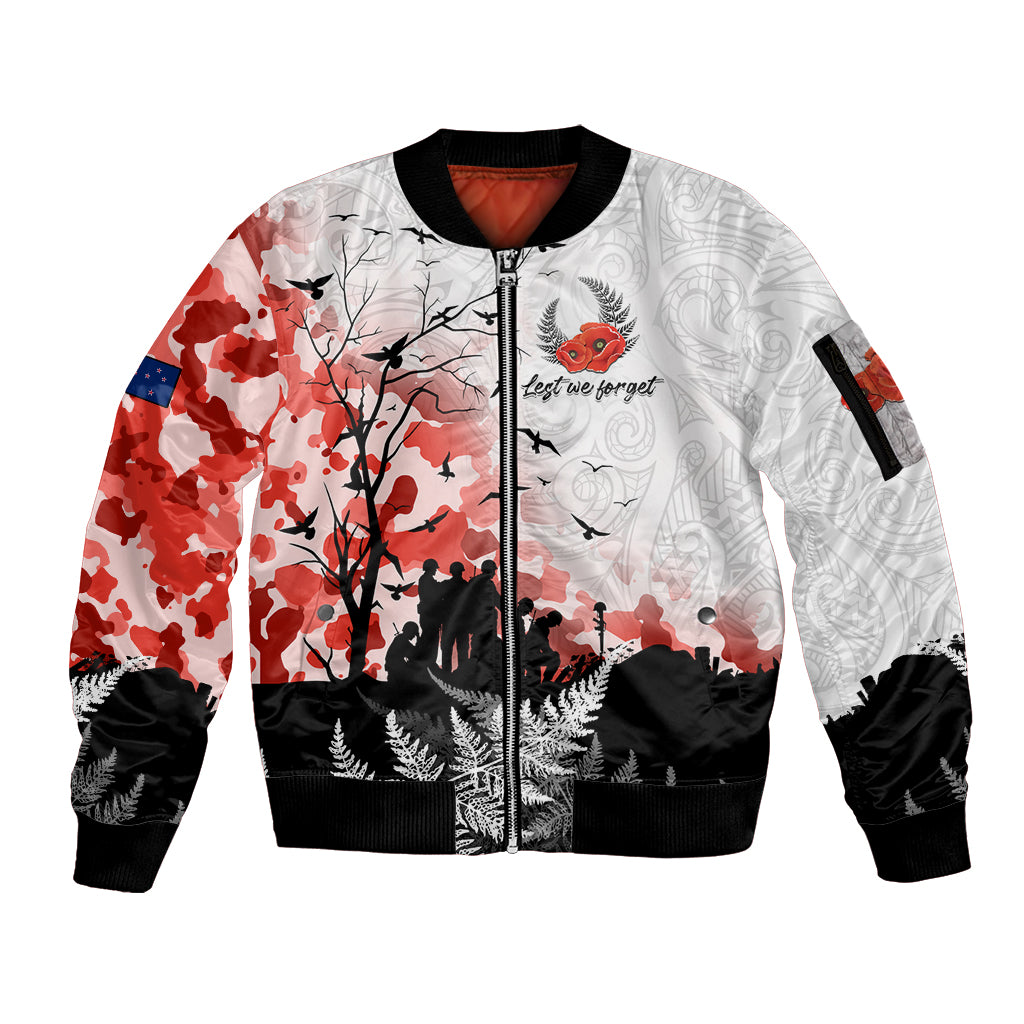 Kei Wareware Tatou New Zealand ANZAC Day Sleeve Zip Bomber Jacket Lest We Forget LT05 Unisex White - Polynesian Pride