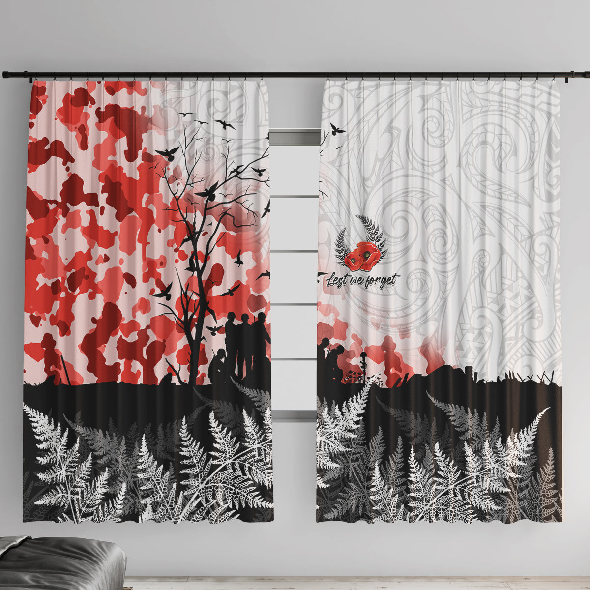Kei Wareware Tatou New Zealand ANZAC Day Window Curtain Lest We Forget LT05 With Hooks White - Polynesian Pride