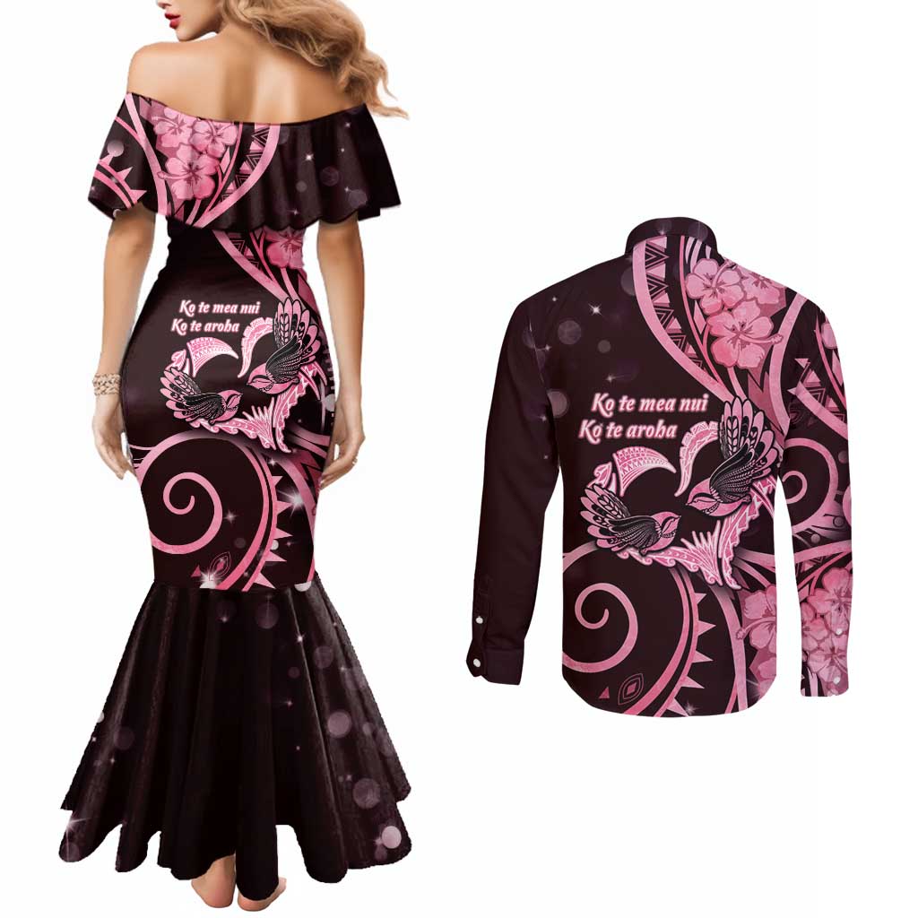 New Zealand Valentine Couples Matching Mermaid Dress and Long Sleeve Button Shirt Aroha Sweet Pink Piwakawaka LT05 - Polynesian Pride