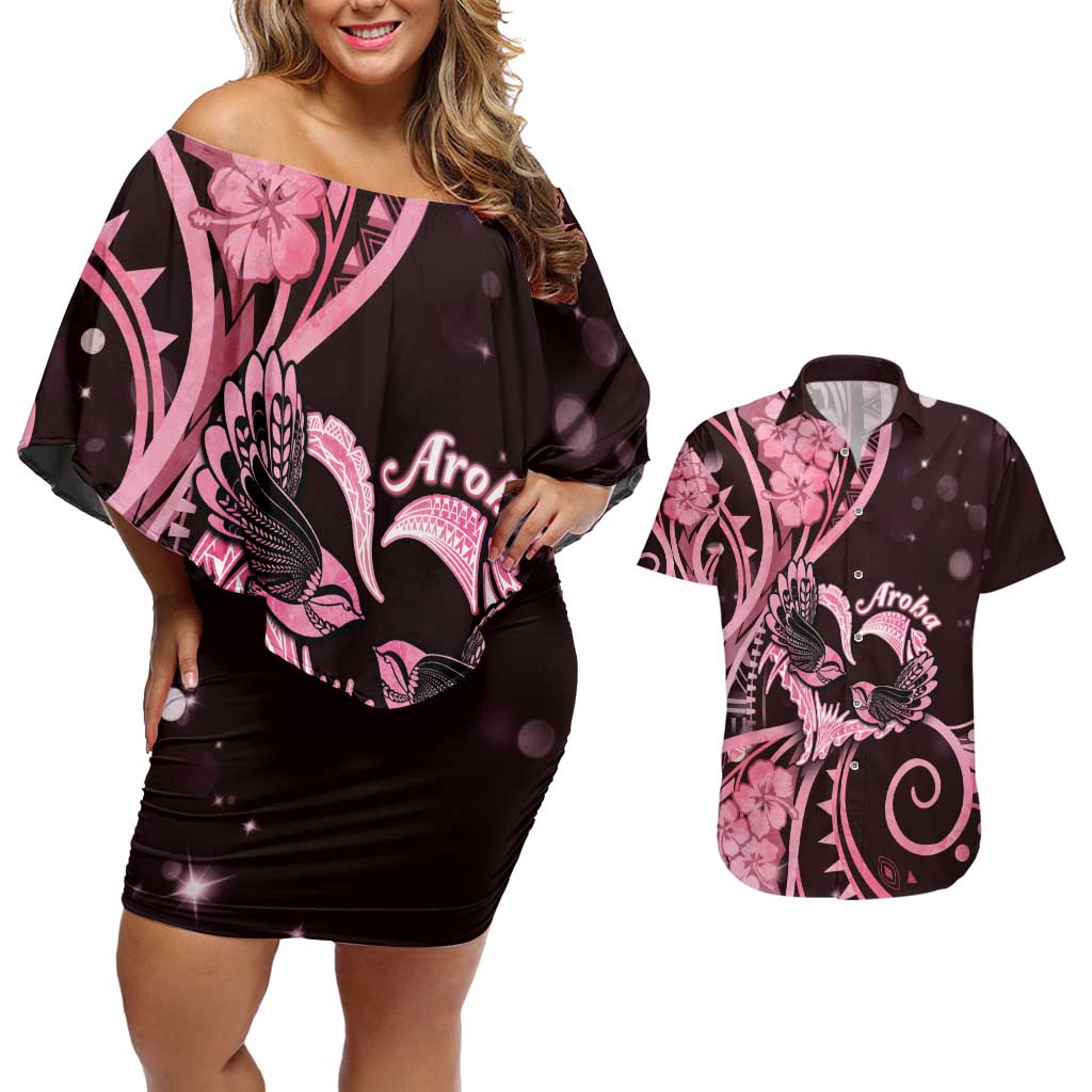 New Zealand Valentine Couples Matching Off Shoulder Short Dress and Hawaiian Shirt Aroha Sweet Pink Piwakawaka LT05 Pink - Polynesian Pride