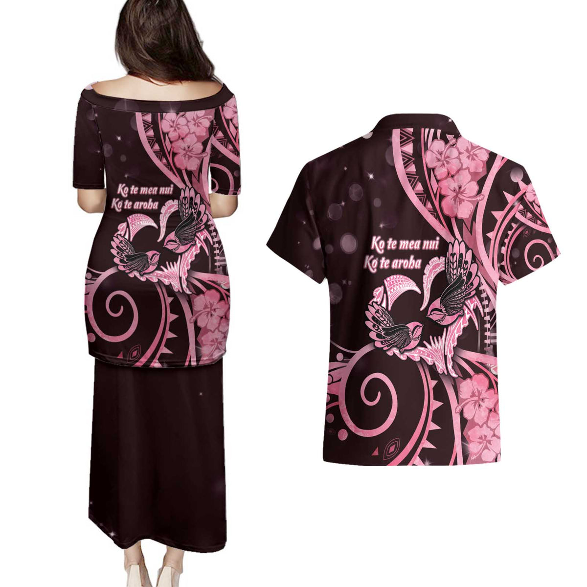 New Zealand Valentine Couples Matching Puletasi and Hawaiian Shirt Aroha Sweet Pink Piwakawaka LT05 - Polynesian Pride