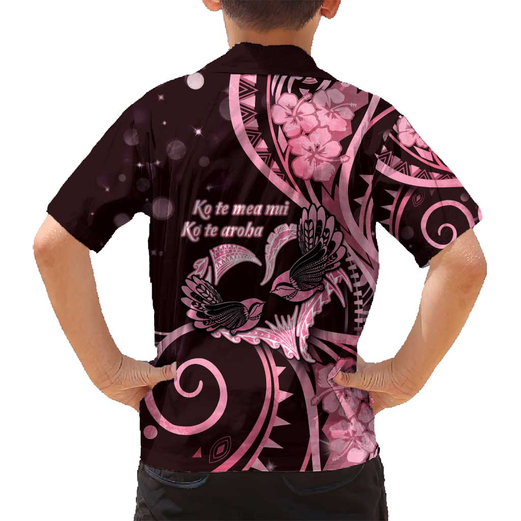 New Zealand Valentine Family Matching Long Sleeve Bodycon Dress and Hawaiian Shirt Aroha Sweet Pink Piwakawaka LT05 - Polynesian Pride