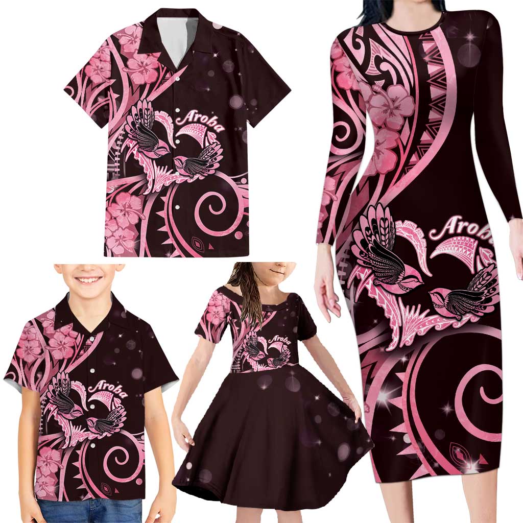 New Zealand Valentine Family Matching Long Sleeve Bodycon Dress and Hawaiian Shirt Aroha Sweet Pink Piwakawaka LT05 - Polynesian Pride