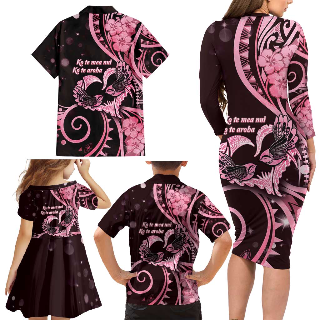 New Zealand Valentine Family Matching Long Sleeve Bodycon Dress and Hawaiian Shirt Aroha Sweet Pink Piwakawaka LT05 - Polynesian Pride