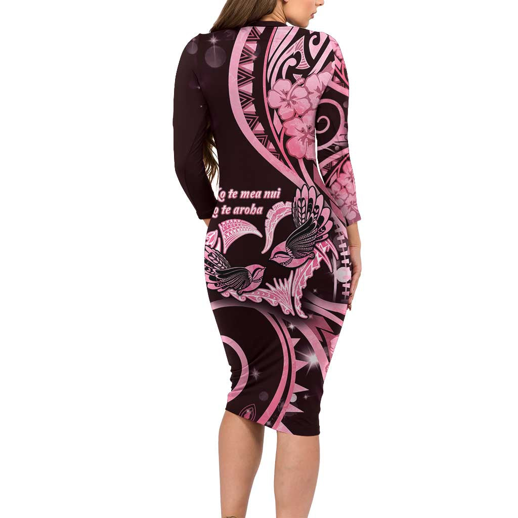 New Zealand Valentine Family Matching Long Sleeve Bodycon Dress and Hawaiian Shirt Aroha Sweet Pink Piwakawaka LT05 - Polynesian Pride