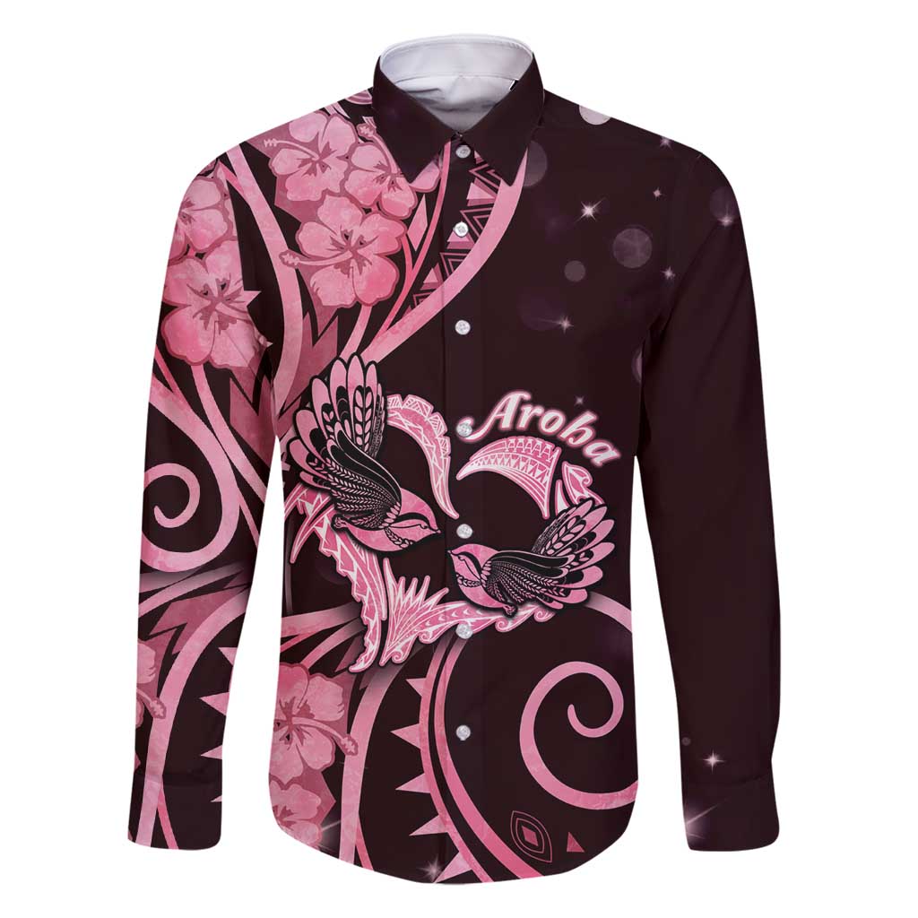 New Zealand Valentine Family Matching Off Shoulder Maxi Dress and Hawaiian Shirt Aroha Sweet Pink Piwakawaka LT05 Dad's Shirt - Long Sleeve Pink - Polynesian Pride
