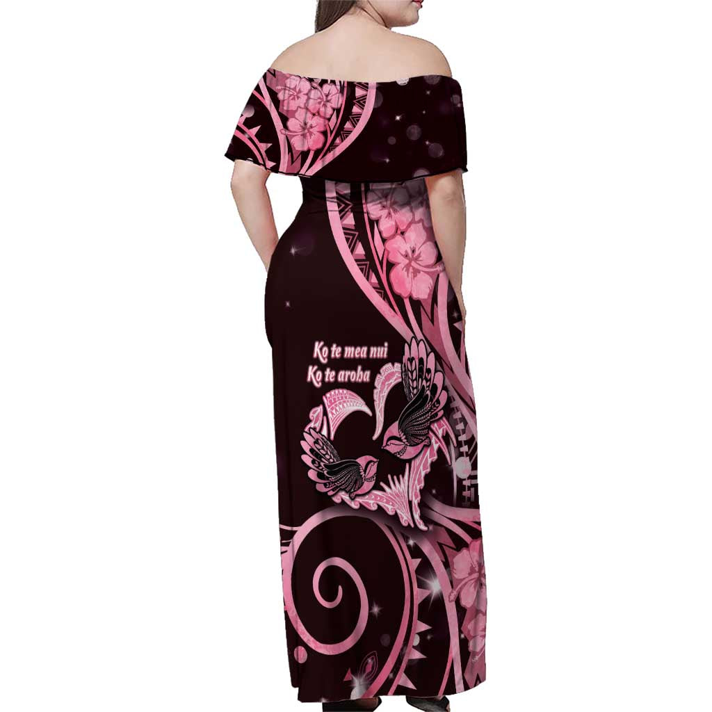 New Zealand Valentine Family Matching Off Shoulder Maxi Dress and Hawaiian Shirt Aroha Sweet Pink Piwakawaka LT05 - Polynesian Pride