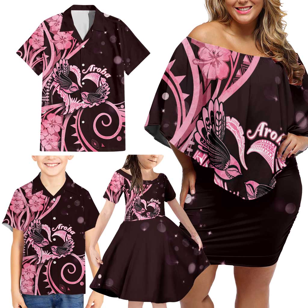 New Zealand Valentine Family Matching Off Shoulder Short Dress and Hawaiian Shirt Aroha Sweet Pink Piwakawaka LT05 - Polynesian Pride