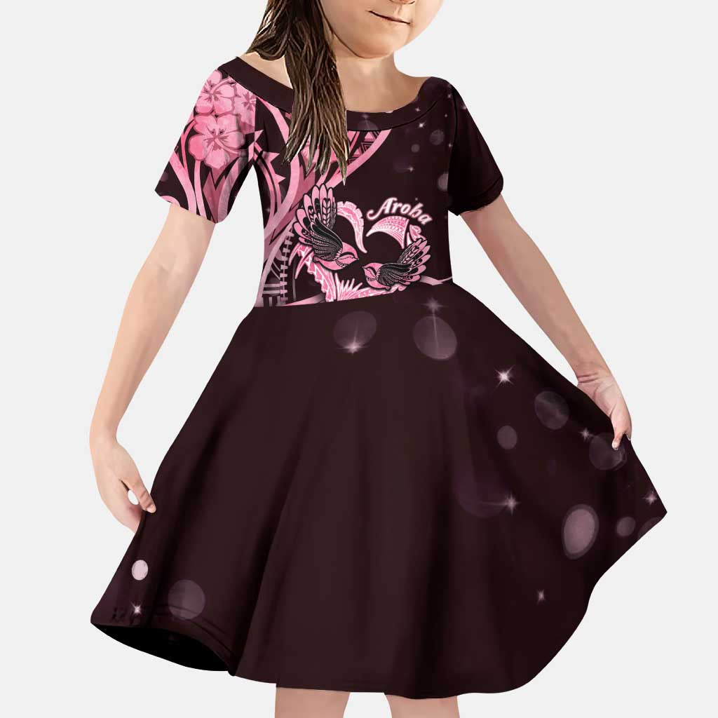 New Zealand Valentine Family Matching Puletasi and Hawaiian Shirt Aroha Sweet Pink Piwakawaka LT05 Daughter's Dress Pink - Polynesian Pride