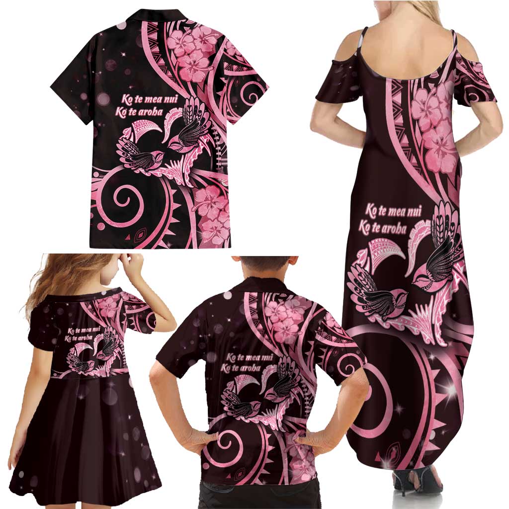 New Zealand Valentine Family Matching Summer Maxi Dress and Hawaiian Shirt Aroha Sweet Pink Piwakawaka LT05 - Polynesian Pride