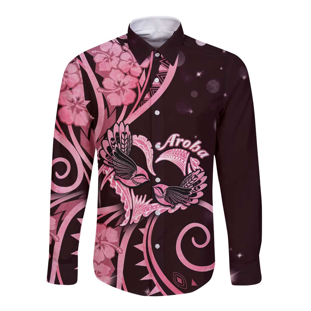 New Zealand Valentine Long Sleeve Button Shirt Aroha Sweet Pink Piwakawaka LT05 Unisex Pink - Polynesian Pride