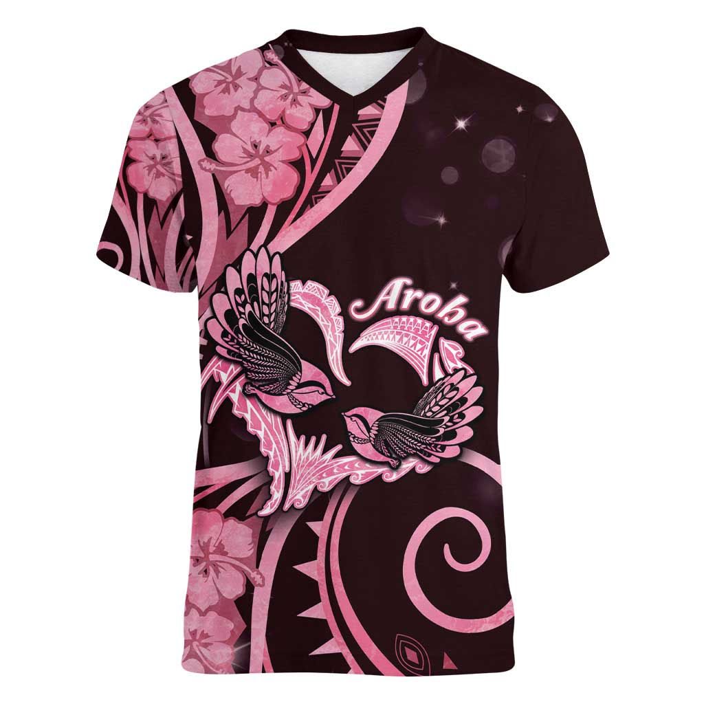 New Zealand Valentine Women V-Neck T-Shirt Aroha Sweet Pink Piwakawaka LT05 Female Pink - Polynesian Pride
