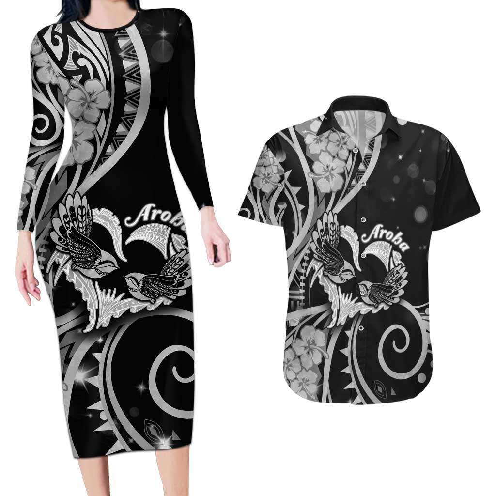 New Zealand Valentine Couples Matching Long Sleeve Bodycon Dress and Hawaiian Shirt Aroha Gray Piwakawaka LT05 Gray - Polynesian Pride