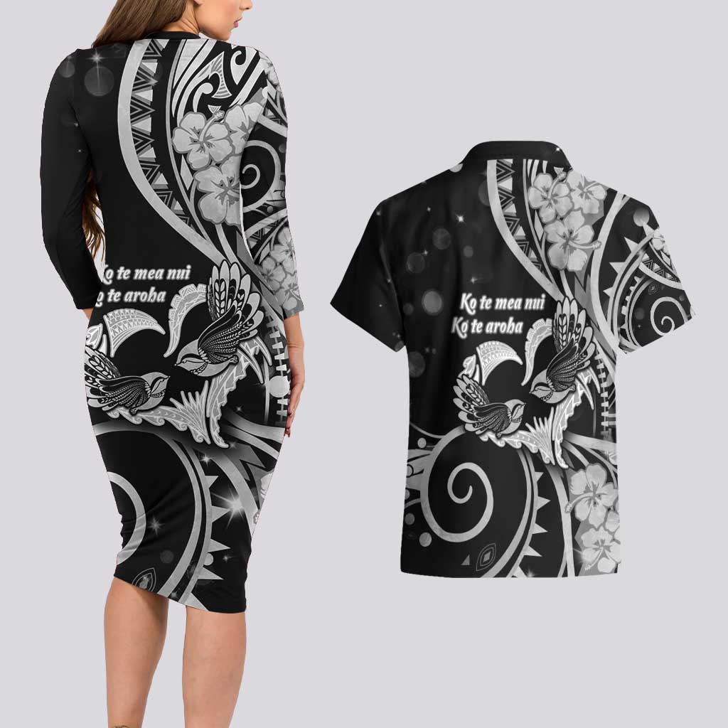 New Zealand Valentine Couples Matching Long Sleeve Bodycon Dress and Hawaiian Shirt Aroha Gray Piwakawaka LT05 - Polynesian Pride