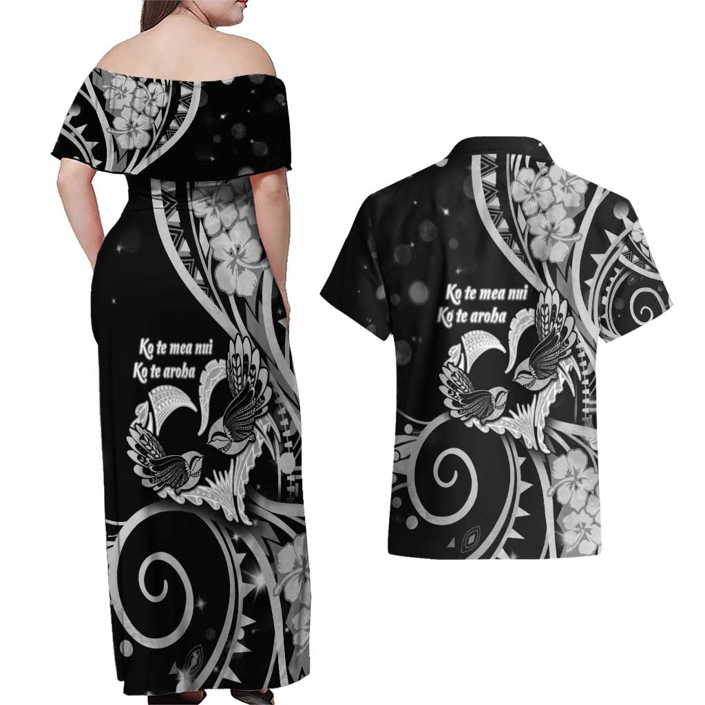 New Zealand Valentine Couples Matching Off Shoulder Maxi Dress and Hawaiian Shirt Aroha Gray Piwakawaka