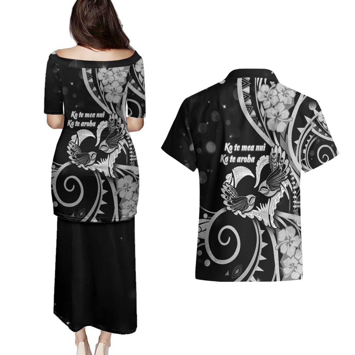 New Zealand Valentine Couples Matching Puletasi and Hawaiian Shirt Aroha Gray Piwakawaka LT05 - Polynesian Pride