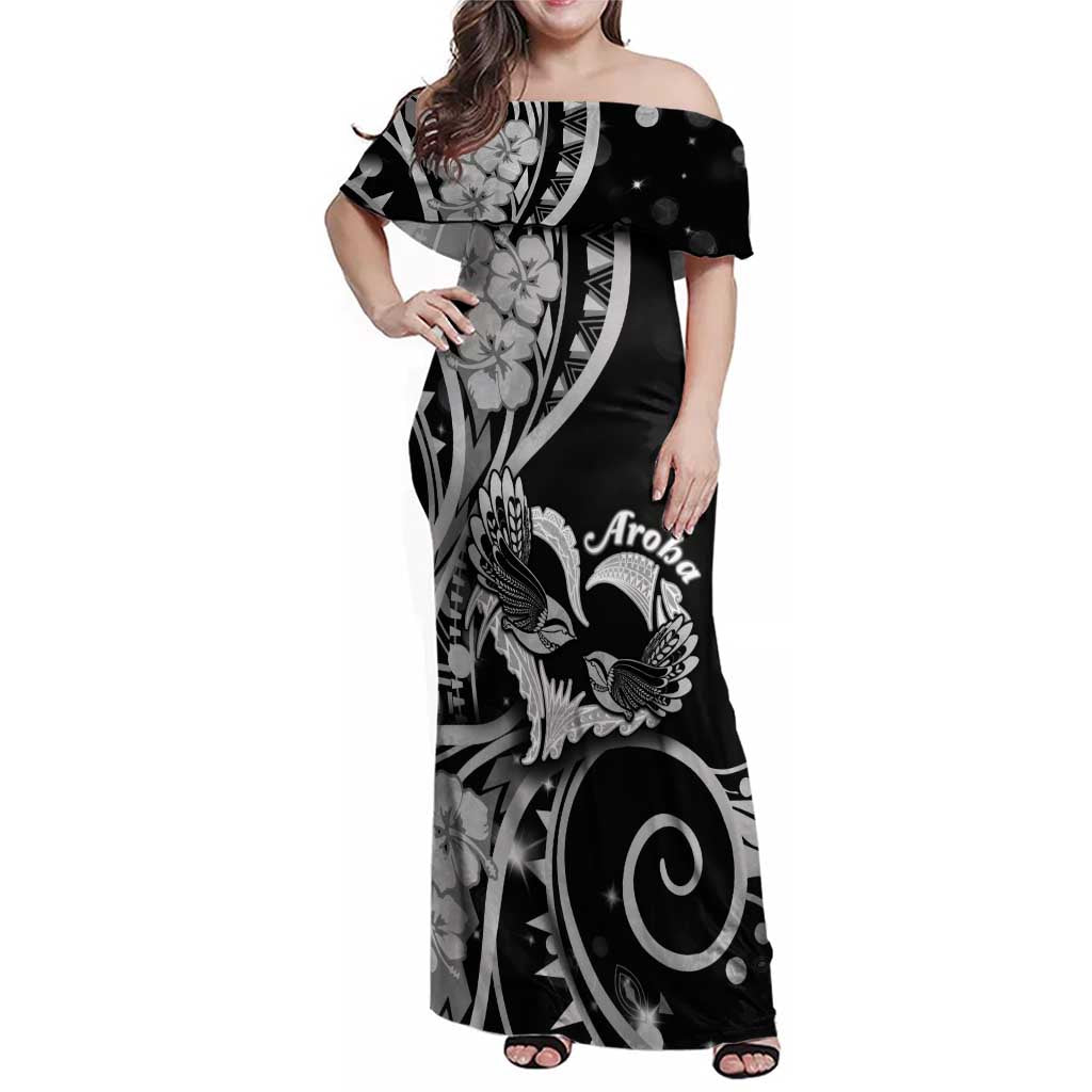 New Zealand Valentine Family Matching Off Shoulder Maxi Dress and Hawaiian Shirt Aroha Gray Piwakawaka LT05 Mom's Dress Gray - Polynesian Pride