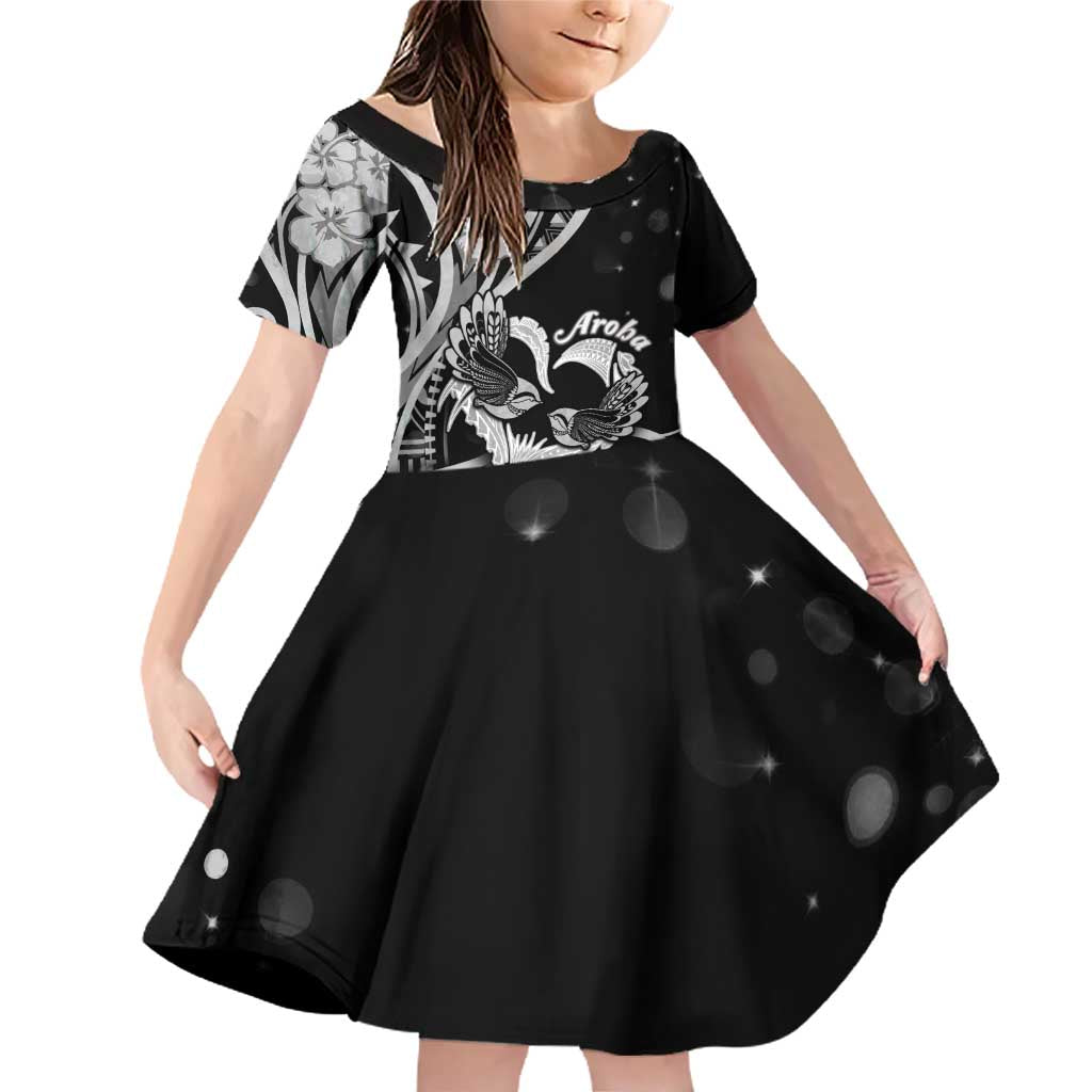 New Zealand Valentine Family Matching Off Shoulder Short Dress and Hawaiian Shirt Aroha Gray Piwakawaka LT05 Daughter's Dress Gray - Polynesian Pride