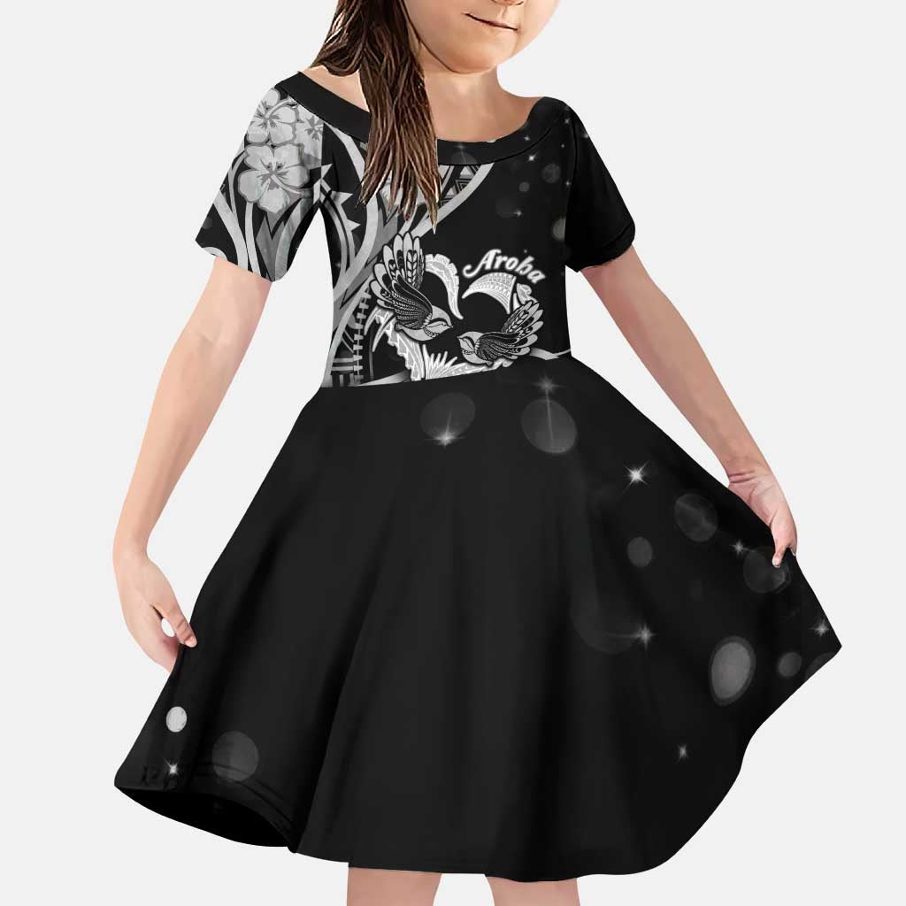 New Zealand Valentine Family Matching Puletasi and Hawaiian Shirt Aroha Gray Piwakawaka LT05 Daughter's Dress Gray - Polynesian Pride