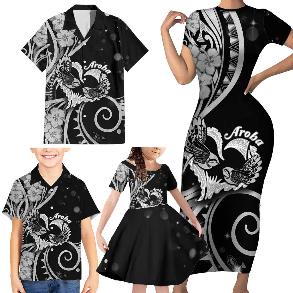 New Zealand Valentine Family Matching Short Sleeve Bodycon Dress and Hawaiian Shirt Aroha Gray Piwakawaka LT05 - Polynesian Pride