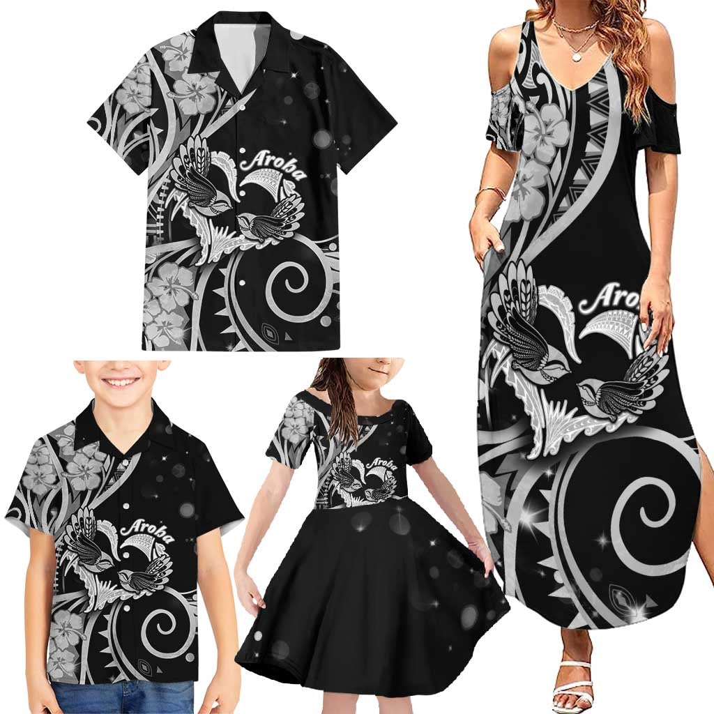 New Zealand Valentine Family Matching Summer Maxi Dress and Hawaiian Shirt Aroha Gray Piwakawaka LT05 - Polynesian Pride