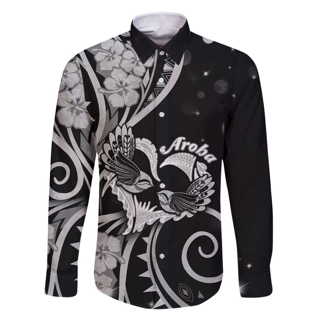 New Zealand Valentine Family Matching Summer Maxi Dress and Hawaiian Shirt Aroha Gray Piwakawaka LT05 Dad's Shirt - Long Sleeve Gray - Polynesian Pride