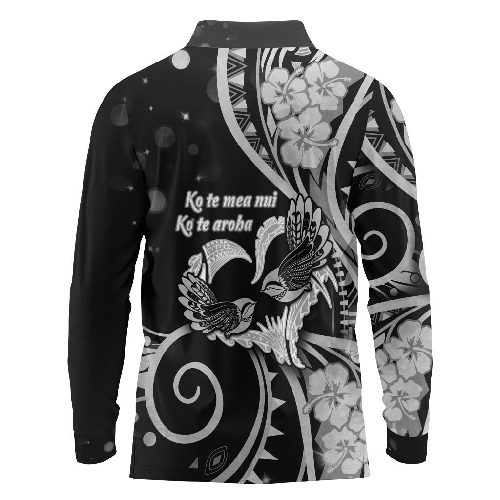 New Zealand Valentine Long Sleeve Polo Shirt Aroha Gray Piwakawaka LT05 - Polynesian Pride