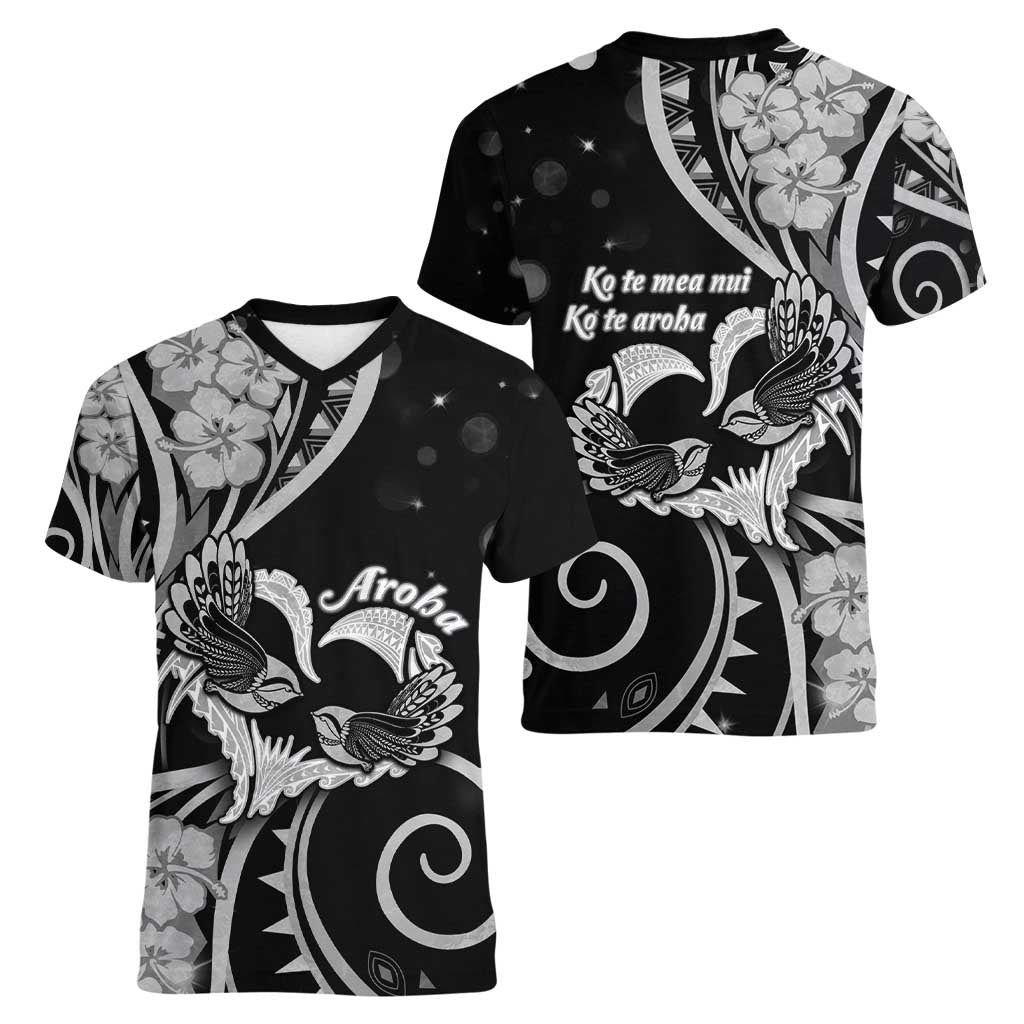 New Zealand Valentine Women V-Neck T-Shirt Aroha Gray Piwakawaka