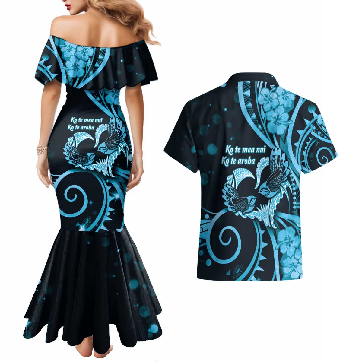 New Zealand Valentine Couples Matching Mermaid Dress and Hawaiian Shirt Aroha Cyan Piwakawaka LT05 - Polynesian Pride