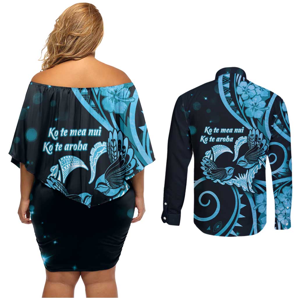 New Zealand Valentine Couples Matching Off Shoulder Short Dress and Long Sleeve Button Shirt Aroha Cyan Piwakawaka