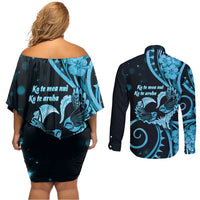 New Zealand Valentine Couples Matching Off Shoulder Short Dress and Long Sleeve Button Shirt Aroha Cyan Piwakawaka