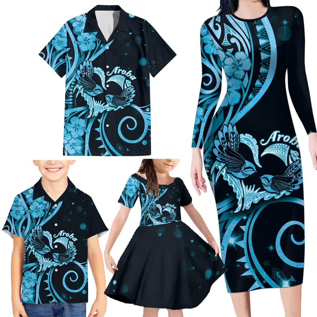 New Zealand Valentine Family Matching Long Sleeve Bodycon Dress and Hawaiian Shirt Aroha Cyan Piwakawaka LT05 - Polynesian Pride