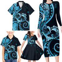 New Zealand Valentine Family Matching Long Sleeve Bodycon Dress and Hawaiian Shirt Aroha Cyan Piwakawaka LT05 - Polynesian Pride