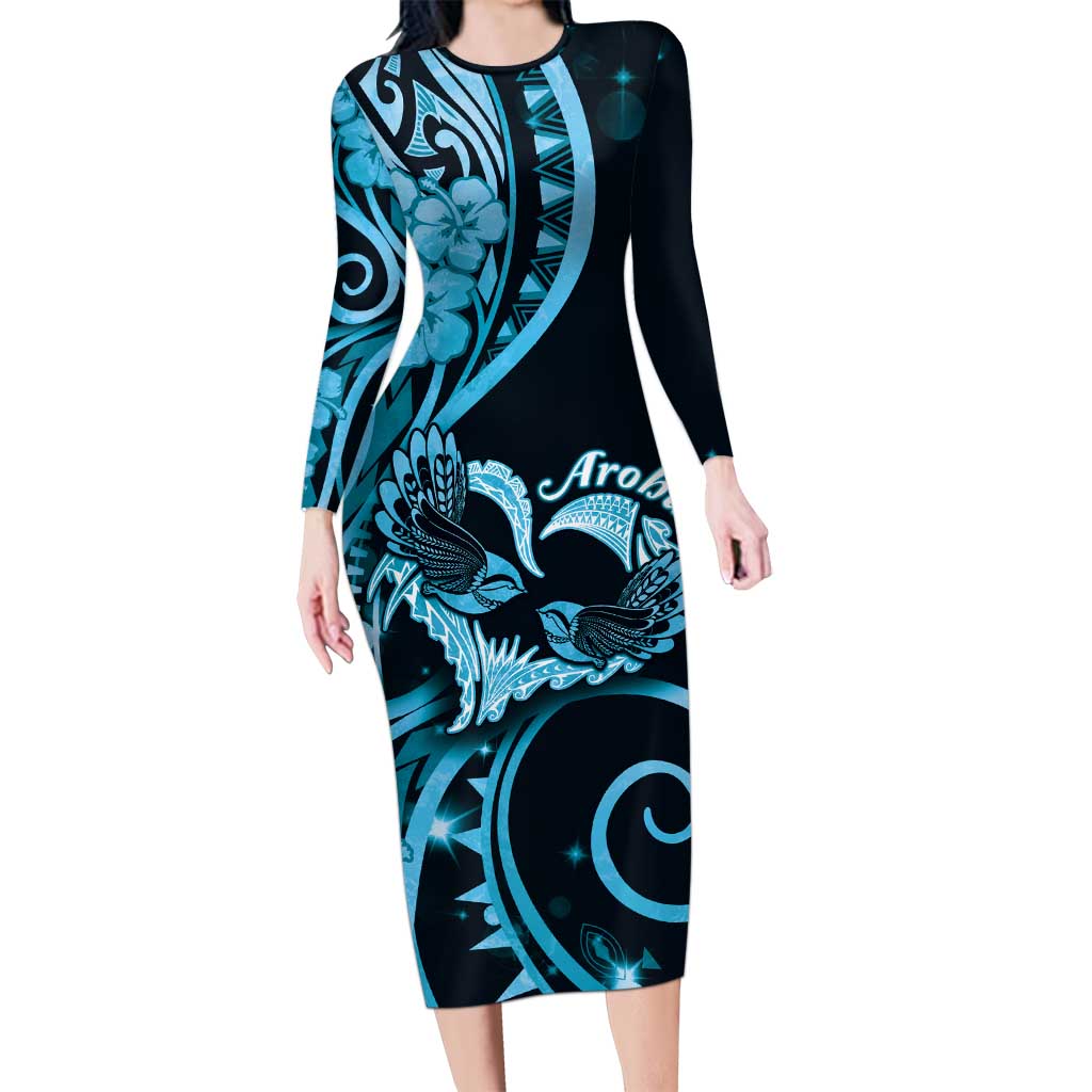 New Zealand Valentine Family Matching Long Sleeve Bodycon Dress and Hawaiian Shirt Aroha Cyan Piwakawaka LT05 Mom's Dress Cyan - Polynesian Pride