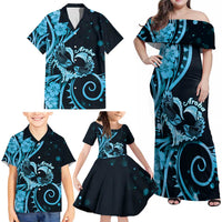 New Zealand Valentine Family Matching Off Shoulder Maxi Dress and Hawaiian Shirt Aroha Cyan Piwakawaka LT05 - Polynesian Pride