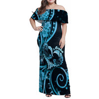 New Zealand Valentine Family Matching Off Shoulder Maxi Dress and Hawaiian Shirt Aroha Cyan Piwakawaka LT05 Mom's Dress Cyan - Polynesian Pride
