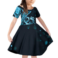 New Zealand Valentine Family Matching Off Shoulder Short Dress and Hawaiian Shirt Aroha Cyan Piwakawaka LT05 Daughter's Dress Cyan - Polynesian Pride
