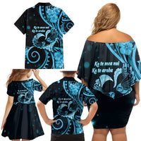New Zealand Valentine Family Matching Off Shoulder Short Dress and Hawaiian Shirt Aroha Cyan Piwakawaka LT05 - Polynesian Pride
