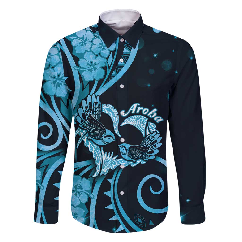 New Zealand Valentine Family Matching Off Shoulder Short Dress and Hawaiian Shirt Aroha Cyan Piwakawaka LT05 Dad's Shirt - Long Sleeve Cyan - Polynesian Pride